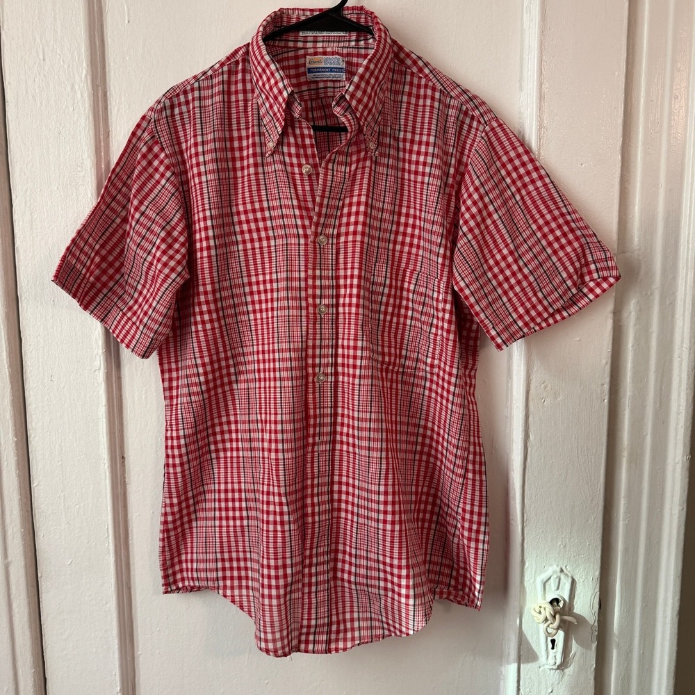 Vintage 70s‎ Short Sleeves Plaid Shirt Elevated Basics Red Dagger Collar Cotton - Picture 3 of 8